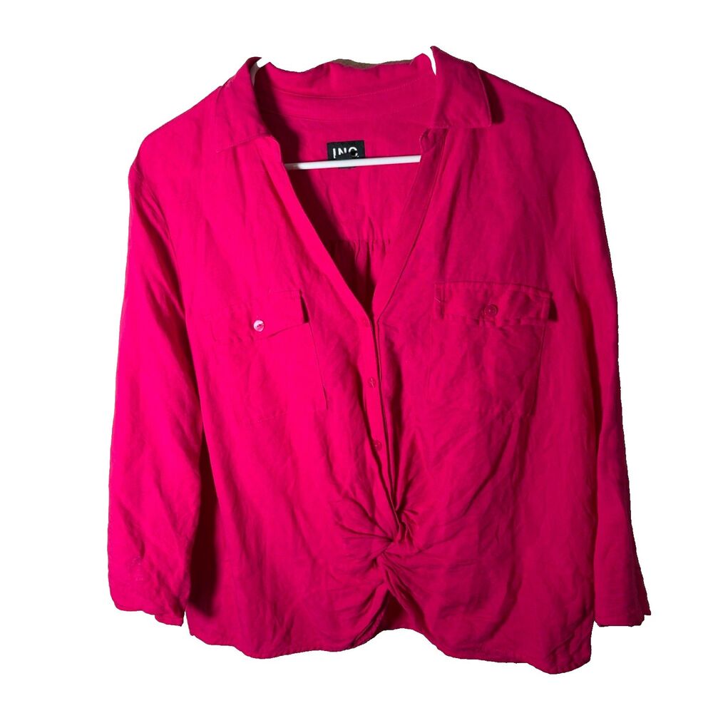 INC Shirt Women's Large Button Up Twist 3/4 Sleeve Pink Collared Top Shirt